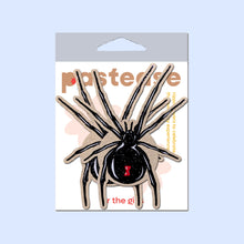 Load image into Gallery viewer, Black Widow Pasties on Sparkling Velvet Halloween Breast Covers by Pastease®. Packaged set featuring black widow spider-shaped nipple covers with a bold red hourglass symbol. Designed for all breast shapes and sizes, these fun and flirty pasties are perfect for Halloween and spooky looks. Pastease is a small, family-operated business that creates unique nipple covers manufactured in the USA.