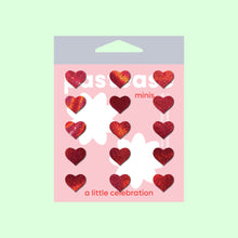 Load image into Gallery viewer, Pastease Confetti: Liquid Red Baby Heart Body Pasties by Pastease®. Mini shiny red heart body stickers shown in the pastease pastel packaging on a pastel green background. For festivals, pride, burlesque, raves or parties.