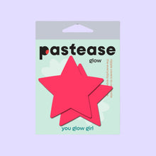 Load image into Gallery viewer, Packaging for Pastease® Neon Pink Glow in the Dark Star Nipple Covers. These vibrant star-shaped pasties are designed to celebrate all breast shapes and sizes, offering a flirty and fun accessory. Made in the USA, Pastease® is a family-operated brand distributing globally.