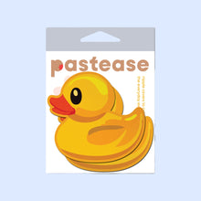 Load image into Gallery viewer, Packaging of Pastease® Rubber Duck Breast Pasties featuring a bright yellow rubber duck design. Fun, flirty nipple covers for all breast shapes and sizes, manufactured in the USA by a small family business. Ideal for parties, festivals, and unique outfits.