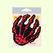 Load image into Gallery viewer, Blood Red Boney Skeleton Hands on Black Nipple Pasties by Pastease® in packaging, showcasing bold red skeleton hand designs on a black background. Perfect for costumes, festivals, or bedroom fun. Made for all shapes and sizes. Handmade in the USA by a family-run brand.