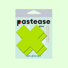 Load image into Gallery viewer, Packaging of Pastease® Plus X Glow-in-the-Dark Neon Yellow Cross Pasties, showcasing their vibrant design. Made in the USA, these fun and flirty nipple covers celebrate body positivity for all breast shapes and sizes. Perfect for parties, festivals, and self-expression.