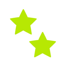 Load image into Gallery viewer, Close-up of two Star Neon Yellow Pasties Glow in the Dark Star Nipple Covers by Pastease®. Bright yellow star shapes pop vividly against a white background. These glow-in-the-dark pasties are fun, flirty, and perfect for any event.