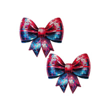 Load image into Gallery viewer, Pastease Disco Ball Bow Sparkling Breast Pasties displayed in vibrant red and blue sequin designs. These reusable, skin-safe nipple covers are designed to add glamour to any occasion, made in the USA by a family-operated brand distributing worldwide.