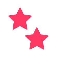 Load image into Gallery viewer, A pair of Pastease® Neon Pink Glow in the Dark Star Nipple Covers displayed on a white background. These bright, fun pasties are versatile and perfect for adding a bold touch to your look, made for all shapes and sizes. Handmade in the USA for global distribution.