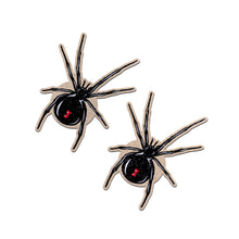 Load image into Gallery viewer, Black Widow Pasties by Pastease®, featuring a pair of spider-shaped nipple covers with a sparkling velvet finish and a striking red hourglass detail. These Halloween-inspired breast covers are flirty, fun, and designed to fit all breast shapes and sizes. Handmade by a family-operated business in the USA.