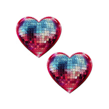 Load image into Gallery viewer, A pair of Discoball Heart Breast Pasties Sparkling Blue & Pink by Pastease® showcased against a white background. Glittery, heart-shaped nipple covers are a bold accessory for parties, festivals, or intimate occasions. Made for comfort and all breast shapes, they’re flirty and fun.