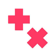 Load image into Gallery viewer, Close-up of the Plus X Glow-in-the-Dark Neon Pink Cross Pasties Nipple Covers by Pastease®. One pastie is shown as a standard cross, while the other is tilted to form an X shape. Both are bold, bright pink, with soft edges designed to comfortably curve with the body.