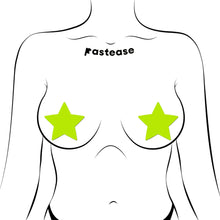 Load image into Gallery viewer, Illustration of Star Neon Yellow Pasties Glow in the Dark Star Nipple Covers by Pastease® worn on a model. The bright yellow star shapes contrast with the minimalist black and white outline, showcasing their universal fit for all breast shapes.