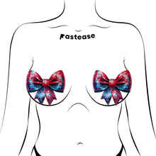 Load image into Gallery viewer, Pastease Disco Ball Bow Sparkling Breast Pasties modelled on a human illustration. These fun and flirty red and blue sequin nipple covers offer a universal fit, perfect for themed parties, costumes, or nights out. Made in the USA by a small family-run business.