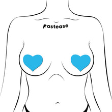 Load image into Gallery viewer, A stylised graphic illustration showcasing Pastease® Glow in the Dark Neon Turquoise Heart Pasties applied to a figure. The turquoise hearts, designed for all breast shapes and sizes, highlight the brand's playful and inclusive design ethos.