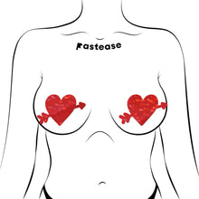 Load image into Gallery viewer, Illustration showcasing Pastease® Cupid's Arrow Red Heart Breast Pasties worn on the body. The sparkly red hearts with arrows are vibrant and festive, offering a confident and cheeky statement for Valentine’s Day or themed events. Handmade for all breast shapes and sizes.