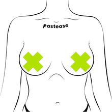 Load image into Gallery viewer, Illustrated model wearing Pastease® Plus X Glow-in-the-Dark Neon Yellow Cross Pasties. The luminous design enhances any daring look, celebrating all body types. Perfect for night-time events or festival wear.