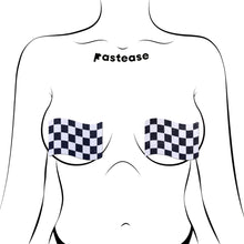 Load image into Gallery viewer, Illustrated mannequin wearing Pastease Checkered Flag Racing Breast Pasties, highlighting their curve-hugging glittery chequered design. Handmade in the USA, these nipple covers offer comfortable, reusable fun for festivals, parties, and intimate moments.