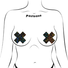 Load image into Gallery viewer, Minimalistic line drawing of a figure wearing the Pastease Plus X: Shattered Glass Disco Ball Glitter Black Cross Nipple Pasties. The holographic glitter design sparkles, offering flirty, fun coverage for all shapes. Designed to be bold and beautiful.