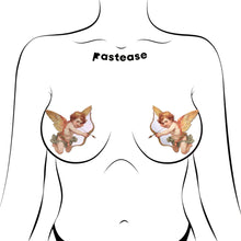 Load image into Gallery viewer, A stylised outline of a body with Pastease Cupid Cherub Vintage Breast Pasties applied. The nipple covers feature vintage-style cherubic cupids holding bows and arrows. Designed for all breast shapes and sizes, they are a flirty addition to any Valentine's Day look.