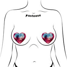 Load image into Gallery viewer, Discoball Heart Breast Pasties Sparkling Blue & Pink by Pastease® modelled on a minimalist illustrated figure. Glittery, heart-shaped covers bring shimmering style and a flirty vibe to any outfit or occasion. Crafted with care for all breast shapes and sizes, they’re bold and reusable.