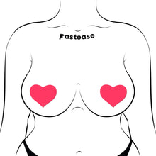 Load image into Gallery viewer, Illustration of a woman's upper body wearing heart-shaped neon pink Pastease nipple covers. Designed for all breast shapes and sizes, these reusable, waterproof covers offer a smooth fit. Handcrafted in the USA by Pastease, a family-run brand known for playful and flirty nipple covers.