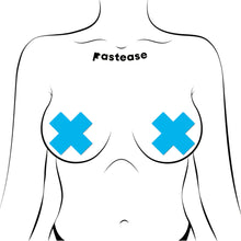 Load image into Gallery viewer, Illustration of a model wearing Pastease Plus X Neon Turquoise Cross Pasties. The vibrant glow-in-the-dark design showcases versatility and fun, crafted for all breast sizes, offering a perfect blend of flirty and functional.