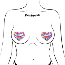 Load image into Gallery viewer,  Illustration showing "Tits Your Birthday!" confetti heart pasties by Pastease applied on a minimalist model. These nipple covers are handcrafted in the USA, designed to celebrate every breast shape and size. Fun, bold, and perfect for festive occasions.