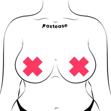 Load image into Gallery viewer, Illustration of a person wearing the Plus X Glow-in-the-Dark Neon Pink Cross Pasties Nipple Covers by Pastease®. The pasties are placed over the nipples, showcasing the cross shape and how they fit on the chest.