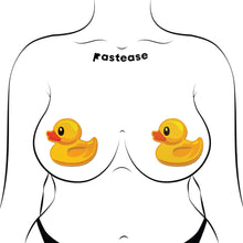 Load image into Gallery viewer, Pastease® Rubber Duck Breast Pasties on a model with a playful yet stylish aesthetic. Designed for all shapes and sizes, they are perfect for costumes, raves, or lingerie. Created by a family business manufacturing in the USA.