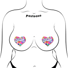 Load image into Gallery viewer, A sultry illustration of "Tits Your Birthday!" heart-shaped confetti pasties by Pastease on a model. Fun, flirty nipple covers for all breast shapes, handcrafted in the USA. Ideal for festive celebrations and birthday surprises.