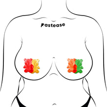 Load image into Gallery viewer, Illustrated image featuring Pastease® Gummy Bear Breast Pasties styled on a model with the Red and Yellow pair on one side and the Orange and Green pair on the other. Bold, reusable nipple covers designed for comfort and statement-making.