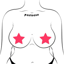 Load image into Gallery viewer, Pastease® Neon Pink Glow in the Dark Star Nipple Covers illustrated on a curvy silhouette. These vibrant pasties highlight all breast shapes, offering a playful accessory for bold looks. Handmade in the USA and available for global customers.