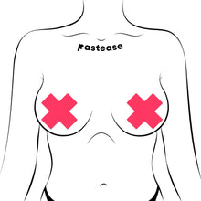 Load image into Gallery viewer, Front-facing illustration of a person modelling the Plus X Glow-in-the-Dark Neon Pink Cross Pasties Nipple Covers by Pastease®. The nipple covers sit snugly, highlighting their body-conforming fit and vibrant neon pink glow.