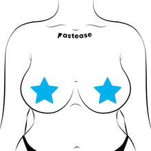 Load image into Gallery viewer, Glow-in-the-dark Pastease® Star Nipple Covers on a figure. These neon turquoise pasties are perfect for enhancing your festival or rave look. Handmade by a family-run business in the USA, designed to fit all breast shapes comfortably.