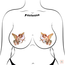 Load image into Gallery viewer, A detailed outline of a body wearing Pastease Cupid Cherub Vintage Breast Pasties. The nipple covers showcase vintage cherubic cupids with bows and arrows, creating a romantic vibe. Made in the USA by Pastease, these are a perfect playful Valentine’s accessory.