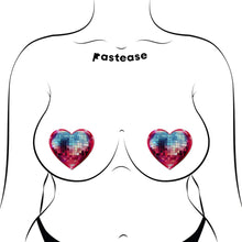 Load image into Gallery viewer, Discoball Heart Breast Pasties Sparkling Blue & Pink by Pastease® modelled on a curvy illustrated figure. Glittering hearts designed to celebrate self-expression and body confidence. Perfect for nights out or festival fun, they fit all breast shapes comfortably.