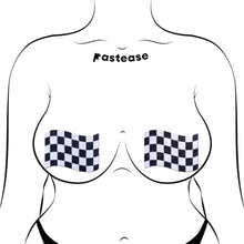 Load image into Gallery viewer, Another angle of an illustrated mannequin modelling the Pastease Checkered Flag Racing Breast Pasties. With a bold black and white flag design, these glittery nipple covers are perfect for celebrating in style while embracing comfort and creativity.