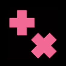 Load image into Gallery viewer, Plus X Glow-in-the-Dark Neon Pink Cross Pasties Nipple Covers by Pastease® glowing under black light. The vibrant pink crosses emit a bright, playful glow, ideal for raves, parties, or private moments.