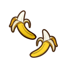 Load image into Gallery viewer, The Banana Pasties Long Yellow Nipple Covers by Pastease®. Two bananas being peeled open nipple covers on a white background. Perfect for a festival, burlesque performance, drag shows, pride or parties.
