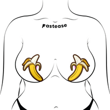 Load image into Gallery viewer, The Banana Pasties Long Yellow Nipple Covers by Pastease®. Two bananas being peeled open nipple covers shown on a femme body outline on a white background. Perfect for a festival, burlesque performance, drag shows, pride or parties.