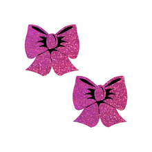 Load image into Gallery viewer, Glittering Hot Pink Bow Nipple Pasties by Pastease®. Two bright pink sparkly big bow shaped nipple covers shown on a white background. Perfect for festivals, pride, burlesque, raves, only fans content or parties.
