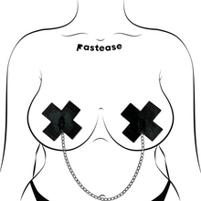 Load image into Gallery viewer, The Chains: Liquid Black Plus X Cross with Chunky Silver Chain Nipple Pasties by Pastease®. Two shiny black cross plus X shaped nipple covers with a chunky silver chain connecting them together shown on a femme body outline for size reference on a white background. Perfect for a festival, pride, burlesque or party.