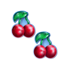 Load image into Gallery viewer, The Cherry: Red Cherries on Glitter Velvet Nipple Pasties by Pastease. Two bright red cherries made from glittery velvet with green stems and leaf on a white background. Perfect for a festival, pride, burlesque performance, only fans content or a party.