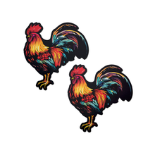 Load image into Gallery viewer, Cock: Colourful Rooster Chicken Nipple Pasties by PasteaseĀ®. Two cockerel shaped nipple covers on a white background. Perfect for a festival, burlesque performance, pride or parties.