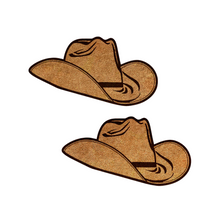Load image into Gallery viewer, The Wild West Brown Suede Cowboy Hat Nipple Pasties Stylish Nipple Covers by Pastease®. Two suede brown cowboy hat shaped nipple covers on a white background.  Perfect for a festival, burlesque performance, pride or parties.