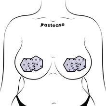 Load image into Gallery viewer, The Fuzzy Dice Pasties Pair of Dice Nipple Covers by Pastease shown on a femme body outline for size reference on a white background. Two velvet glitter sparkle dice pairs of nipple covers with black dots and outlines. Perfect for a festival, burlesque performance, drag shows, pride or parties.