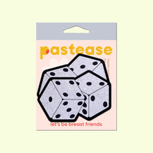 Load image into Gallery viewer, The Fuzzy Dice Pasties Pair of Dice Nipple Covers by Pastease in the pale pastease cellophane packet on a pastel yellow background. Two velvet glitter sparkle dice pairs of nipple covers with black dots and outlines. Perfect for a festival, burlesque performance, drag shows, pride or parties.