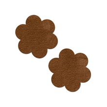 Load image into Gallery viewer, Everyday Reusable: Suede Cocoa Dark Brown Flower with Mini Hearts Reusable Nipple Pasties by Pastease® Everyday o/s. Two dark brown flower shaped nipple covers shown on a white background. Perfect for a festival, burlesque performance, pride, parties or everyday!