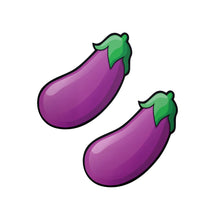 Load image into Gallery viewer, The Eggplant Pasties Fat Purple Emoji Nipple Covers by Pastease on a white background. Two large purple eggplant aubergine vegetable emoji style nipple covers with green leaves at the top. Perfect for a festival, burlesque performance, drag shows, pride or parties.
