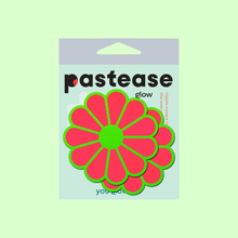 Load image into Gallery viewer, The Daisy: Neon Green & Glow in the Dark Neon Pink Petal Pasties Nipple Covers by Pastease®. Two neon coral pink with green outlines coloured flower shaped nipple covers in pastease pastel packaging on a light green background. Perfect for a festival, burlesque performance, pride or parties.