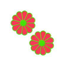 Load image into Gallery viewer, The Daisy: Neon Green & Glow in the Dark Neon Pink Petal Pasties Nipple Covers by Pastease®. Two neon coral pink with green outlines coloured flower shaped nipple covers on white background. Perfect for a festival, burlesque performance, pride or parties.
