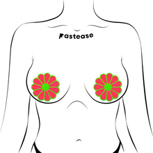 Load image into Gallery viewer, The Daisy: Neon Green & Glow in the Dark Neon Pink Petal Pasties Nipple Covers by Pastease®. Two neon coral pink with green outlines coloured flower shaped nipple covers shown on a femme body outline for size reference on a white background. Perfect for a festival, burlesque performance, pride or parties.