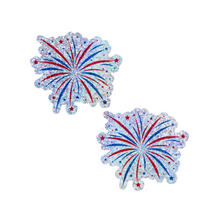 Load image into Gallery viewer, The Fireworks Pasties Star Explosion Glitter Nipple Covers by Pastease®. Two firework star explosion in blue, red and silver nipple covers on a white background. Perfect for new years eve, a festival, burlesque performance, pride or parties.